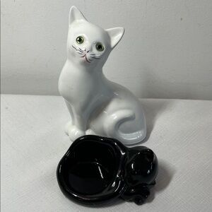 White porcelain cat with green eyes & Black Ceramic Tealight Partylite Cat